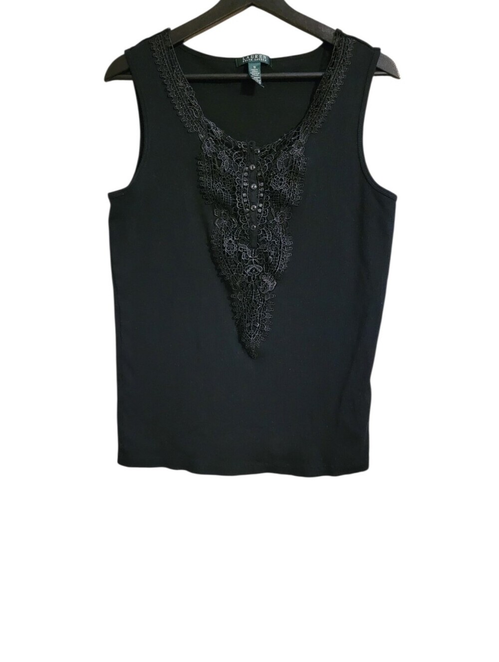 Lauren Ralph Lauren Black Lace Henley Tank Top